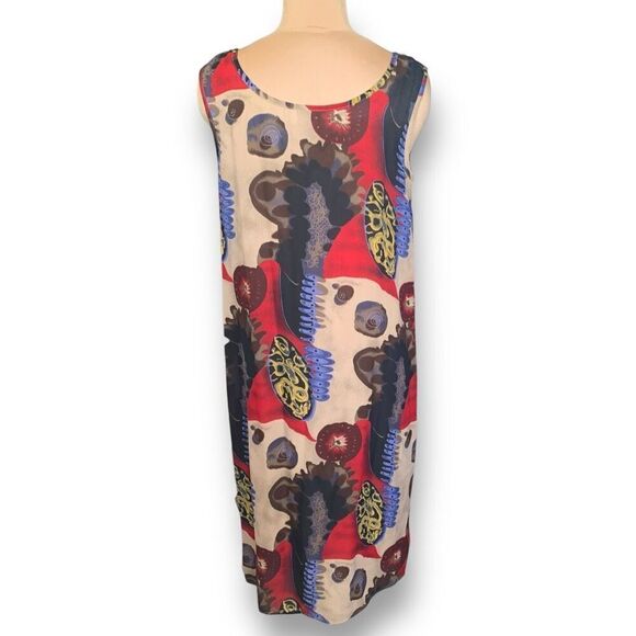 Vintage Dress Maxi Cream Red Brown Printed Abstract Art Sleeveless Scoop Neck - Picture 1 of 10